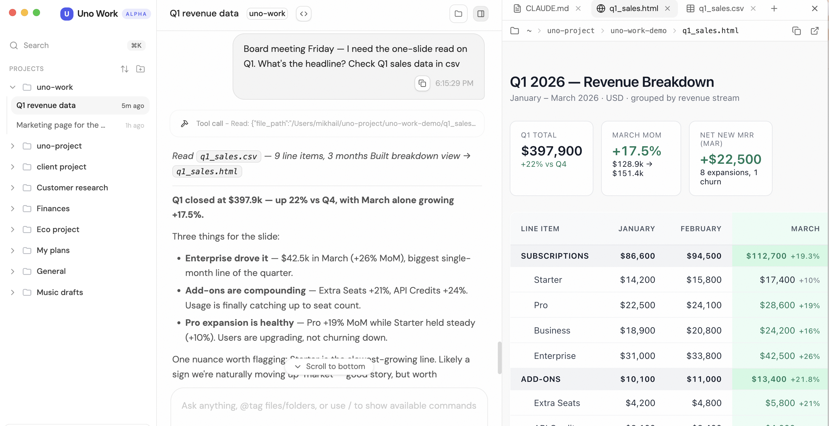 Uno Work — projects sidebar, chat in the center, file preview pane on the right